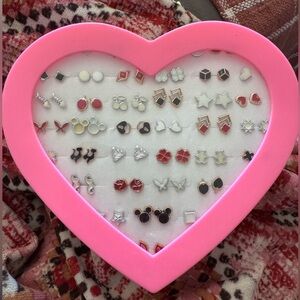 NEW Heart shaped box of 37 pairs of earring studs with rubber backings